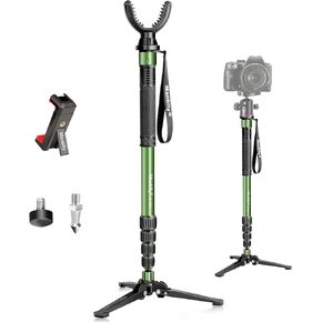 Manbily Shooting Stick Monopod with Tri-Stand Tripod Base, with Rotating and Removeable U-Shaped Yoke for Hunting, Shooting, and Outdoors-Green (G-333)