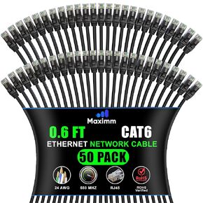 Maximm Cat 6 Ethernet Cable 2 ft (50-Pack) - High-Speed LAN Cable, Internet Cable, Patch Cable, and Network Cable - UTP, 10Gbps, 550MHz Ethernet Cord - Blue