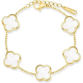 SHINYY Four Leaf Clover Bracelet for Women 18K Gold Plated Stainless Steel Lucky 4 Leaf Link Bracelet Wrist Jewelry for Mother and Daughter (White Gold)