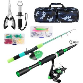 Family Fishing Pole Combo, 2PCS Portable Parent-Child Travel Fishing Kit, 6.89FT 4.92FT Telescopic Fishing Rod Spinning Reel Spincast Reel Baits Pliers Fish Lip Gripper Gift for Adults Kids Youth