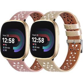 Leather Bands Compatible with Fit bit Versa 4 Bands & Versa 3 Bands & Sense 2 Wristbands, Breathable Floral Hollow-Out Lace Sense Leather Strap for Women/Men
