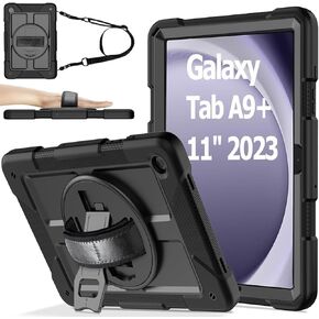 AVAWO Case for Samsung Galaxy Tab A9+ Plus 11 Inch 2024 with 360° Swivel Handle Strap Cover with Lanyard, Black