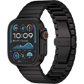 Black Titanium Link Bracelet Compatible with Apple Watch Ultra 2 / Series 10 (46/49mm) Grade 2 Titanium Band with DLC Coating for Scratch Resistance