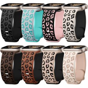 8 Pack Leopard Engraved Bands Compatible for Apple Watch Band 41mm 40mm 38mm 49mm 45mm 44mm 42mm Women, Cheetah Soft Silicone Sport Wristband Strap for iWatch Series 9 8 7 6 5 4 3 2 1, Ultra,