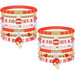 XOCARTIGE Game Day Bracelets Stack, Game Day Outfits for Women, Football Bracelets, Football Accessories, Red Black Heishi Beaded Stretch Bracelets, Football Jewelry, Sport Team Spirit Accessories