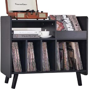 Record Player Stand, Large Record Player Table Cabinet with Open Vinyl Storage and Display Shelf Holds up to 350 Albums, Mid Century Wood Turntable for Living Room, Bedroom, (Black)