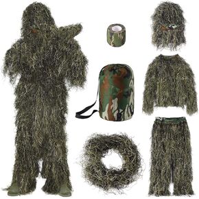 Seeutek 6 in 1 Ghillie Suit, 3D Camouflage Hunting Apparel Including Jacket, Pants, Hood, Carry Bag and Camo Tapes