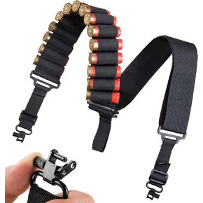 Two Point Gun Sling with Swivels，Shotgun Sling for 12 Gauge,15 Rounds Two Point Shotgun Ammo Sling，Length Adjustable Shoulder Strap，Tactical Strap for Outdoor Hunting Activity