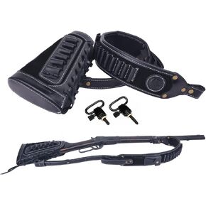 Leather Gun Shell Holder Buttstock with Matched Rifle Sling for .30-06 .30-30, .45-70 .44 mag