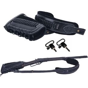 Leather Gun Shell Holder Buttstock with Matched Rifle Sling for .30-06 .30-30, .45-70 .44 mag