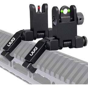 UUQ 45 Degree Offset Fiber Optic Iron Sights,Flip Up Front Rear Sites with Red&Green Dot,BUIS Backup Sight Set， Tool-Free Adjustable Front Sight Rapid Transition,Fits Picatinny and Weaver Rails