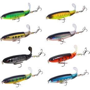 Nuguri Topwater Fishing Lures Set 8PCS Plopper Bass Lures with Floating Rotating Tail Artificial Hard Bait Swimbaits Slow Sinking Hard Lure Fishing Tackle Kits
