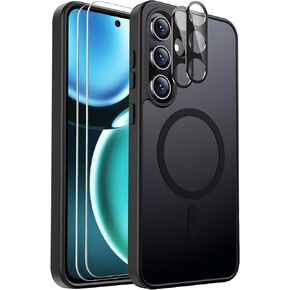 Ezanmull for Samsung Galaxy S24 FE Case Magnetic Shockproof, [Fit for MagSafe] [Glass Screen Protector + Camera Lens Protector] Translucent Anti-Fingerprint Case for Samsung Galaxy S24 FE (Black)