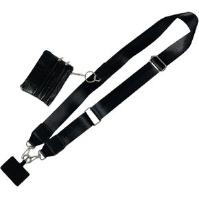 Phone Strap with Zippered Pouch, Clip and Go Strap for Phone with Wallet Crossbody, Phone Strap with Wallet, Cross Body Phone String with Zipper (Black)