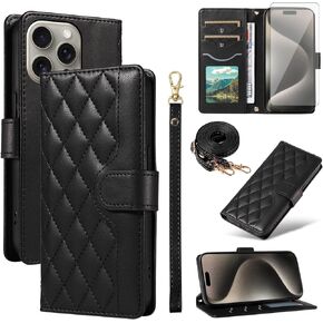Asuwish Phone Case for iPhone 15 Pro Max 6.7 inch Wallet Cover with Screen Protector and Wrist Strap Lanyard Card Holder Slot Stand Flip Cell i Phone15 15Pro i15 ProMax 15ProMax 5G Women Men White
