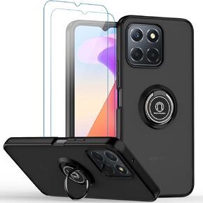 QUIETIP Case Compatible with Honor X6a with Screen Protector,TPU + Hard PC Shockproof Magnetic Ring Car Mount Stand Cover,Black