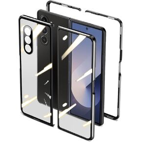 QUIETIP Case Compatible with Samsung Galaxy Z Fold 6,Magnetic Body Metal Frame Double Sided Clear Tempered Glass Cover with Camera Protection,Pink