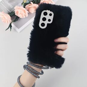 Losin Compatible with Galaxy S24 Ultra Case Cute Plush Furry Case with Glitter Lanyard Strap Bling Diamond Camera Lens Protection Soft Fluffy Shockproof Cover for Women Girls, White