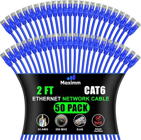 Maximm Cat 6 Ethernet Cable 2 ft (50-Pack) - High-Speed LAN Cable, Internet Cable, Patch Cable, and Network Cable - UTP, 10Gbps, 550MHz Ethernet Cord - Blue in Kuwait
