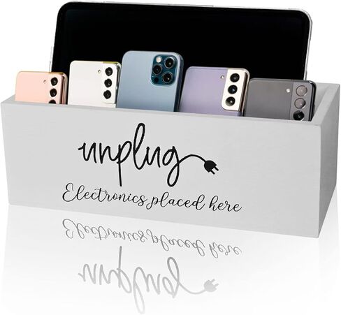CHONIC Unplug Box, Farmhouse Style Be Present Phone Box, Cell Phone Basket for Home, Wood Mobile Phone Jail, Family Time Out Charging Station for Phone Tablet Electronics Holder (White) in Saudi Arabia