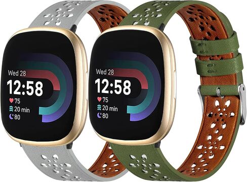 Leather Bands Compatible with Fit bit Versa 4 Bands & Versa 3 Bands & Sense 2 Wristbands, Breathable Floral Hollow-Out Lace Sense Leather Strap for Women/Men in Saudi Arabia