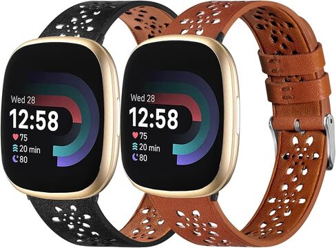 Leather Bands Compatible with Fit bit Versa 4 Bands & Versa 3 Bands & Sense 2 Wristbands, Breathable Floral Hollow-Out Lace Sense Leather Strap for Women/Men in Saudi Arabia
