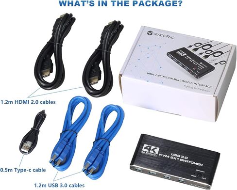 KVM Switch HDMI Box 4K 60Hz, Mikeric USB Switch 2 computers, HDMI Cables and USB Cables 2 pack 4ft included, Support Two PC share Keyboard Mouse and one HD Monitor (Black) in Kuwait