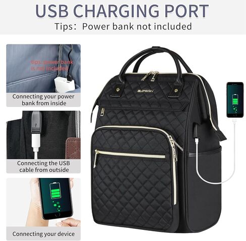 EMPSIGN 17 Inch Laptop Backpack for Women, Work Business Travel Computer College Bags, Large Capacity Water-repellent Quilted Casual Daypack with USB Port, Black in Saudi Arabia