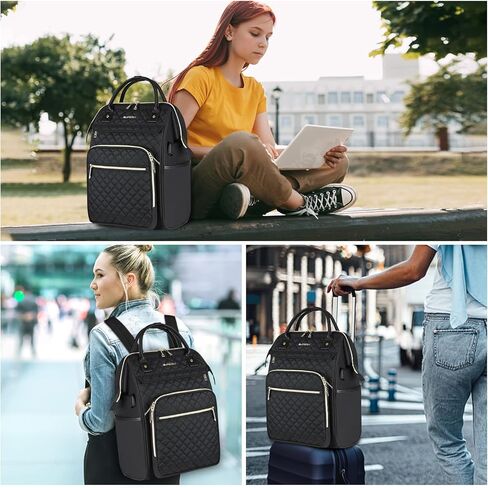 EMPSIGN 17 Inch Laptop Backpack for Women, Work Business Travel Computer College Bags, Large Capacity Water-repellent Quilted Casual Daypack with USB Port, Black in Saudi Arabia