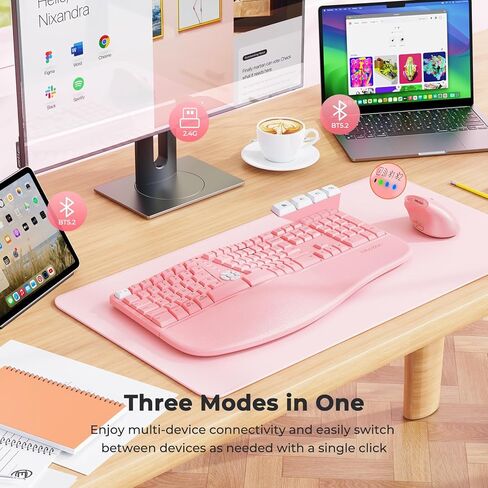 مجموعة لوحة مفاتيح وماوس لاسلكية من MEETION، لوحة مفاتيح Ergo Split Bluetooth/2.4G مع مسند راحة اليد، ماوس لاسلكي قابل للتعديل 4 DPI، لوحة مفاتيح كاملة الحجم قابلة لإعادة الشحن لنظام التشغيل Windows/Mac/Android باللون الوردي in Kuwait