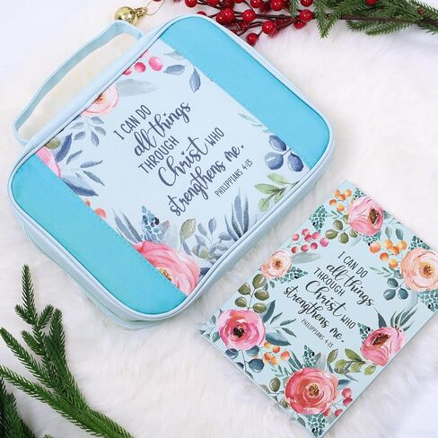 Faithful Hers Bible Cover for Men, Bible Case Set with Notebook, Leather Bible Cover, Bible Book Cover with Handles Pockets Zipper, Bible Carrying Case for Women Boys Kids Bible Case 11x8x2.2 In, Blue in Kuwait