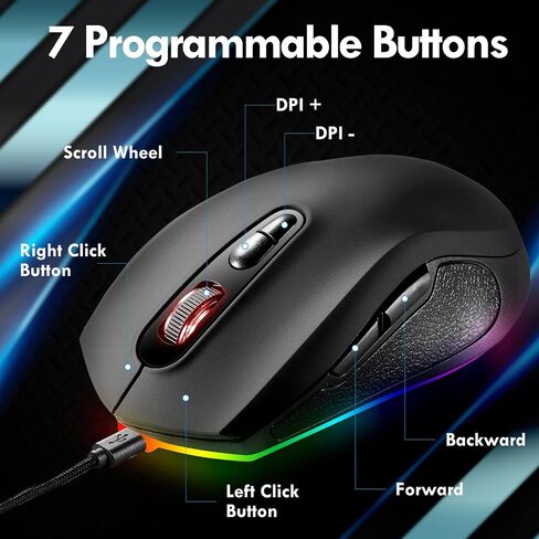 ماوس ألعاب JIDOHUN GM-607 سلكي، بإضاءة خلفية RGB، 4 DPI قابلة للتعديل حتى 4800، ماوس ألعاب مريح، 7 أزرار قابلة للبرمجة - أسود لنظام التشغيل Windows/PC/Mac/الكمبيوتر المحمول in Saudi Arabia