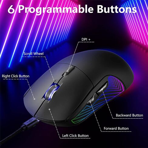 JIDOHUN GM-607 Gaming Mouse Wired, RGB Backlit, 4 Adjustable DPI up to 4800, Ergonomic Gamer Mouse, 7 programmable Buttons-Black for Windows/PC/Mac/Laptop in Saudi Arabia