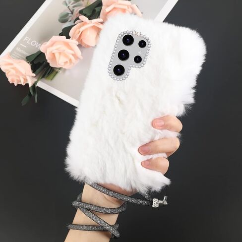 Losin Compatible with Galaxy S24 Ultra Case Cute Plush Furry Case with Glitter Lanyard Strap Bling Diamond Camera Lens Protection Soft Fluffy Shockproof Cover for Women Girls, White in Saudi Arabia