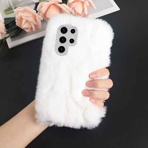 Losin Compatible with Galaxy S24 Ultra Case Cute Plush Furry Case with Glitter Lanyard Strap Bling Diamond Camera Lens Protection Soft Fluffy Shockproof Cover for Women Girls, White in Saudi Arabia
