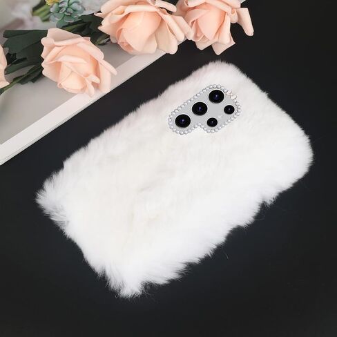 Losin Compatible with Galaxy S24 Ultra Case Cute Plush Furry Case with Glitter Lanyard Strap Bling Diamond Camera Lens Protection Soft Fluffy Shockproof Cover for Women Girls, White in Saudi Arabia