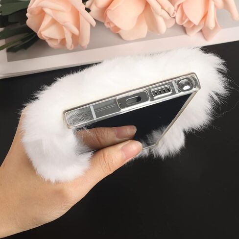 Losin Compatible with Galaxy S24 Ultra Case Cute Plush Furry Case with Glitter Lanyard Strap Bling Diamond Camera Lens Protection Soft Fluffy Shockproof Cover for Women Girls, White in Saudi Arabia