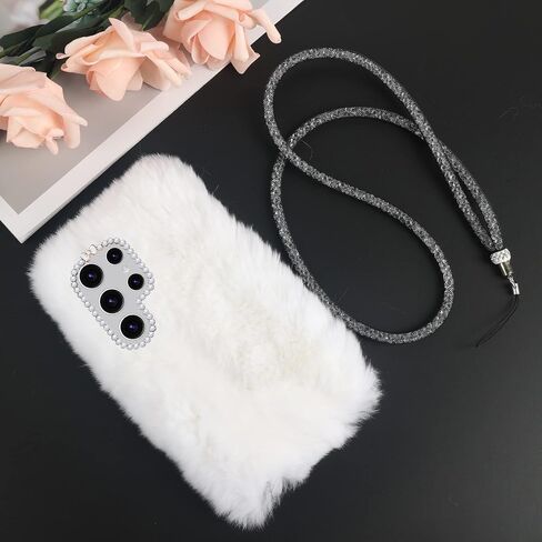 Losin Compatible with Galaxy S24 Ultra Case Cute Plush Furry Case with Glitter Lanyard Strap Bling Diamond Camera Lens Protection Soft Fluffy Shockproof Cover for Women Girls, White in Saudi Arabia