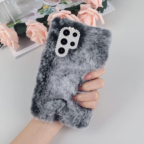 Losin Compatible with Galaxy S24 Ultra Case Cute Plush Furry Case with Glitter Lanyard Strap Bling Diamond Camera Lens Protection Soft Fluffy Shockproof Cover for Women Girls, White in Kuwait