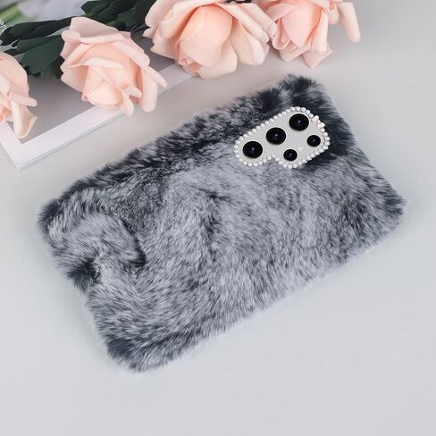 Losin Compatible with Galaxy S24 Ultra Case Cute Plush Furry Case with Glitter Lanyard Strap Bling Diamond Camera Lens Protection Soft Fluffy Shockproof Cover for Women Girls, White in Kuwait