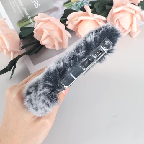 Losin Compatible with Galaxy S24 Ultra Case Cute Plush Furry Case with Glitter Lanyard Strap Bling Diamond Camera Lens Protection Soft Fluffy Shockproof Cover for Women Girls, White in Kuwait