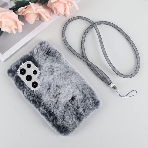 Losin Compatible with Galaxy S24 Ultra Case Cute Plush Furry Case with Glitter Lanyard Strap Bling Diamond Camera Lens Protection Soft Fluffy Shockproof Cover for Women Girls, White in Kuwait