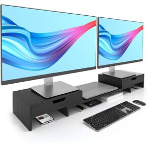 Monitor Stand with 2 Drawers for Desk, Bamboo Dual Monitor Stand Riser with storage, Desk Shelf Organizer for Dual Computer Monitor Riser & Laptop, No Assembly Required, Black
