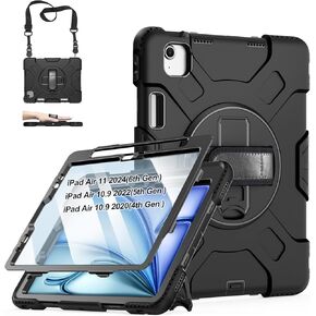 Case for iPad Air 6th/ 5th/ 4th Generation (2024/2022/2020): Cover for iPad Air 11 Inch M2 /iPad 10.9 Inch with Screen Protector- Stand- Handle- Shoulder Strap- Pencil Holder- Black
