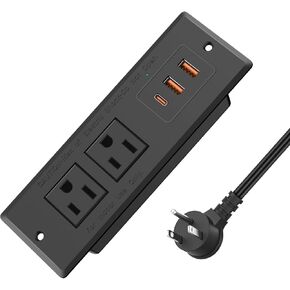 Recessed Power Strip, Flush Mounted Drawer Outlet with PD 20W Fast Charging USB-C Ports, Recessed Outlet for Conference Rooms, Office Tables, Furniture, 6.5FT Cord (Black)