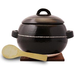 Donabe Rice Cooker-Banko Ware Cray Pot- For 2-3 Cups, Rice cooker and rice scoop pot stand with English Manual Value Set, Microwave and Oven Safe Earthenware Made in Japan.