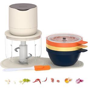 3-in-1 Multifunction Electric Food Processor Chopper,Food Chopper with 4 Bowls (3Pcs 240ML,1Pcs 600ML), 2 Blades,for Garlic,Nut,Meat,Vegetable,Onion