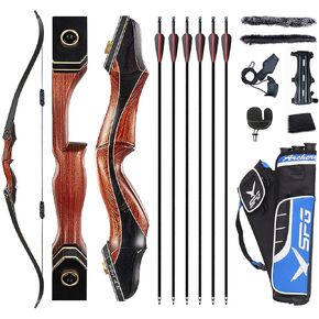Archery 60" Recurve Bow and Arrows Set for Adults Right Hand Longbow kit Wooden Competition Hunting Shooting Training Outdoor Practice 30-50lb