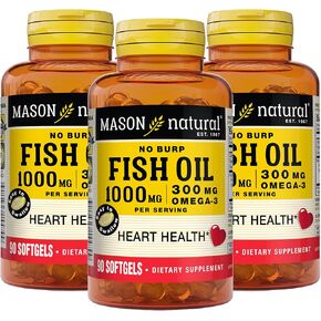 MASON NATURAL No Burp Fish Oil 1000 mg Omega-3 300 mg - Healthy Heart, Supports Circulatory Function, Improved Cardiovascular Health, 90 Softgels (Pack of 3)