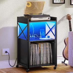 YITAHOME Record Player Stand, Turntable Stand, Albums on Vinyl Record Storage Audio Cabinet with LED Light and Charging Station, Record Table with Wheel for Living Room, Bedroom, Office